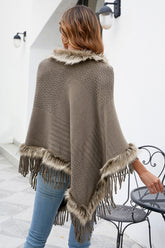 Faux Fur Trim Fringed Poncho OutfitFlow